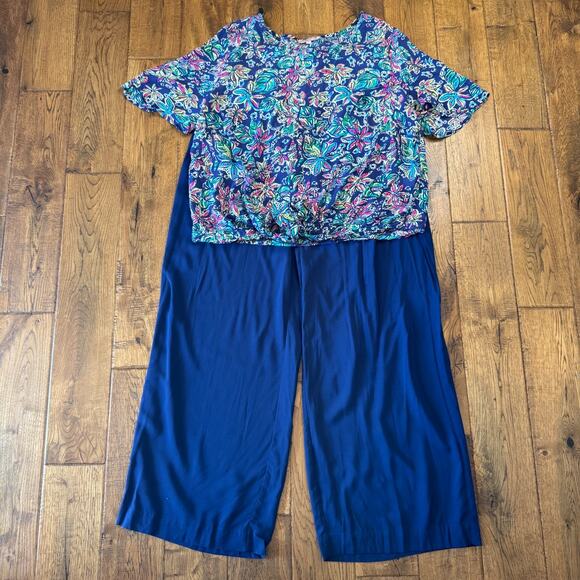 St. Tropez Pants - St. Tropez West Floral Tie Front Blouse and Navy Sunny Leigh Palazzo Pants XL